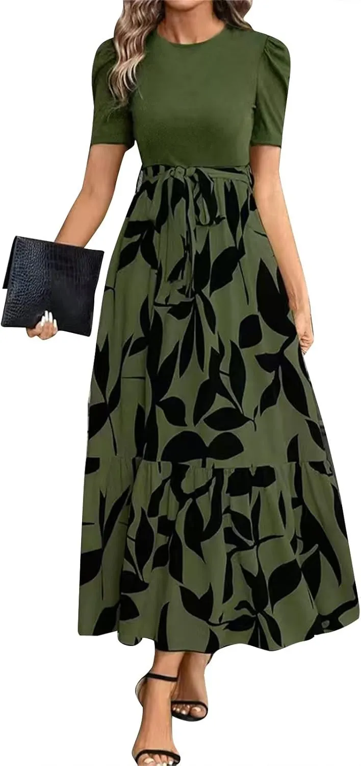 Maxi Dresses for Women 2025 Short Sleeve Tie Waist Boho Dress Floral Printed Tiered Flowy A Line Summer Sundress