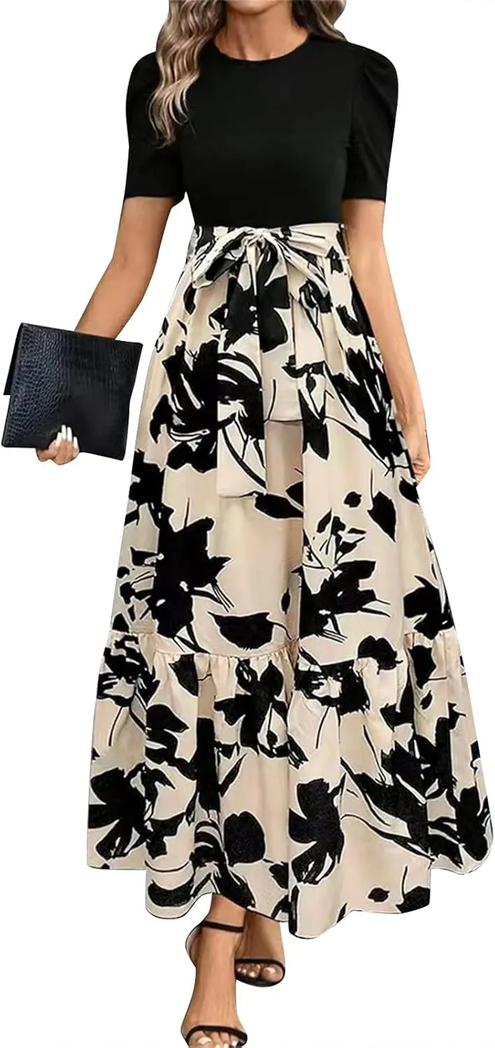 Maxi Dresses for Women 2025 Short Sleeve Tie Waist Boho Dress Floral Printed Tiered Flowy A Line Summer Sundress