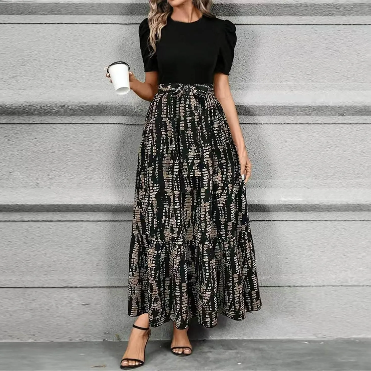 Maxi Dresses for Women 2025 Short Sleeve Tie Waist Boho Dress Floral Printed Tiered Flowy A Line Summer Sundress