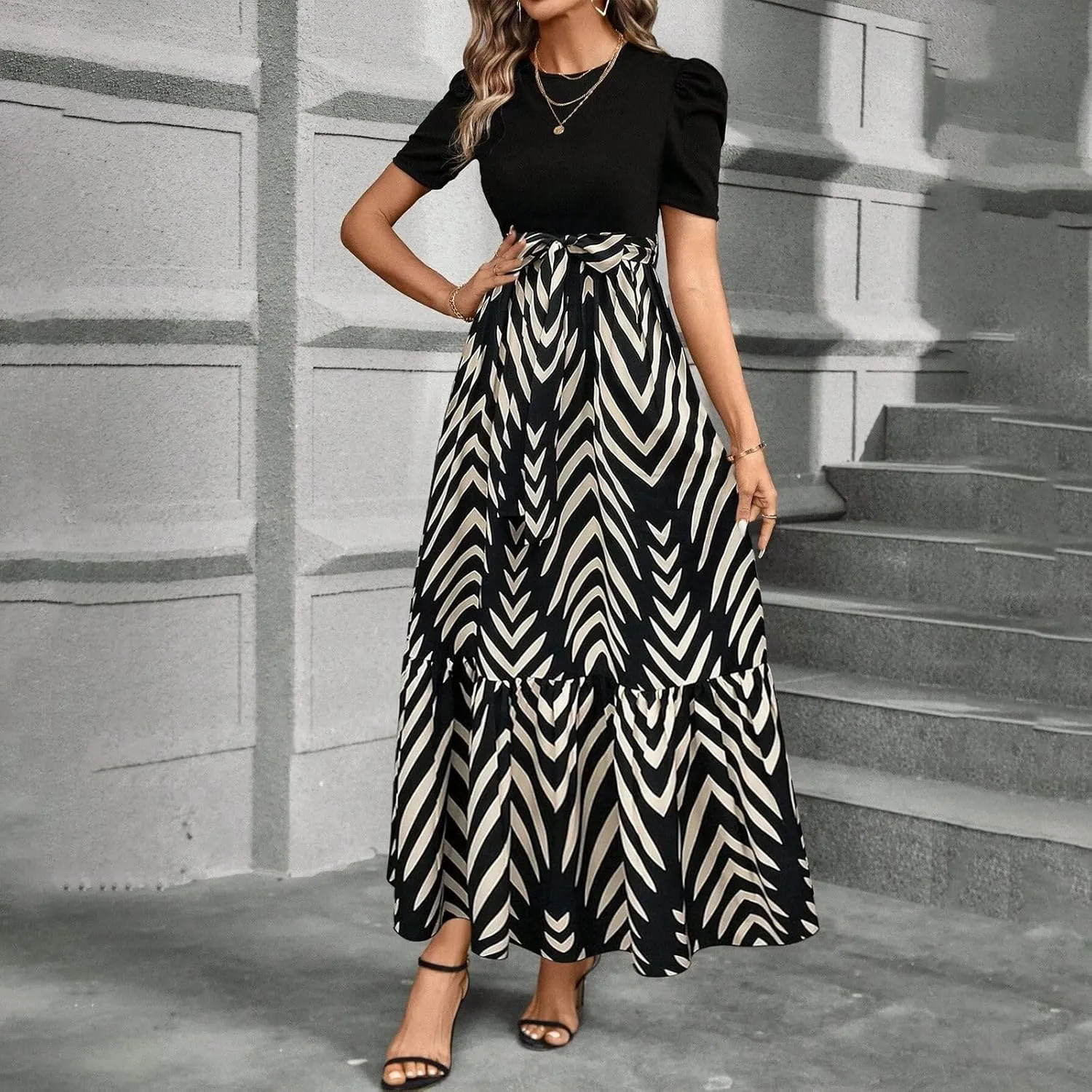 Maxi Dresses for Women 2025 Short Sleeve Tie Waist Boho Dress Floral Printed Tiered Flowy A Line Summer Sundress