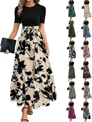Maxi Dresses for Women 2025 Short Sleeve Tie Waist Boho Dress Floral Printed Tiered Flowy A Line Summer Sundress