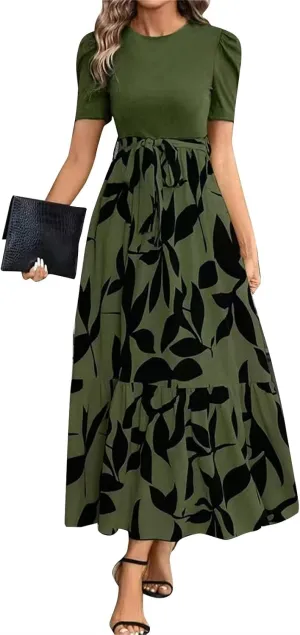 Maxi Dresses for Women 2025 Short Sleeve Tie Waist Boho Dress Floral Printed Tiered Flowy A Line Summer Sundress