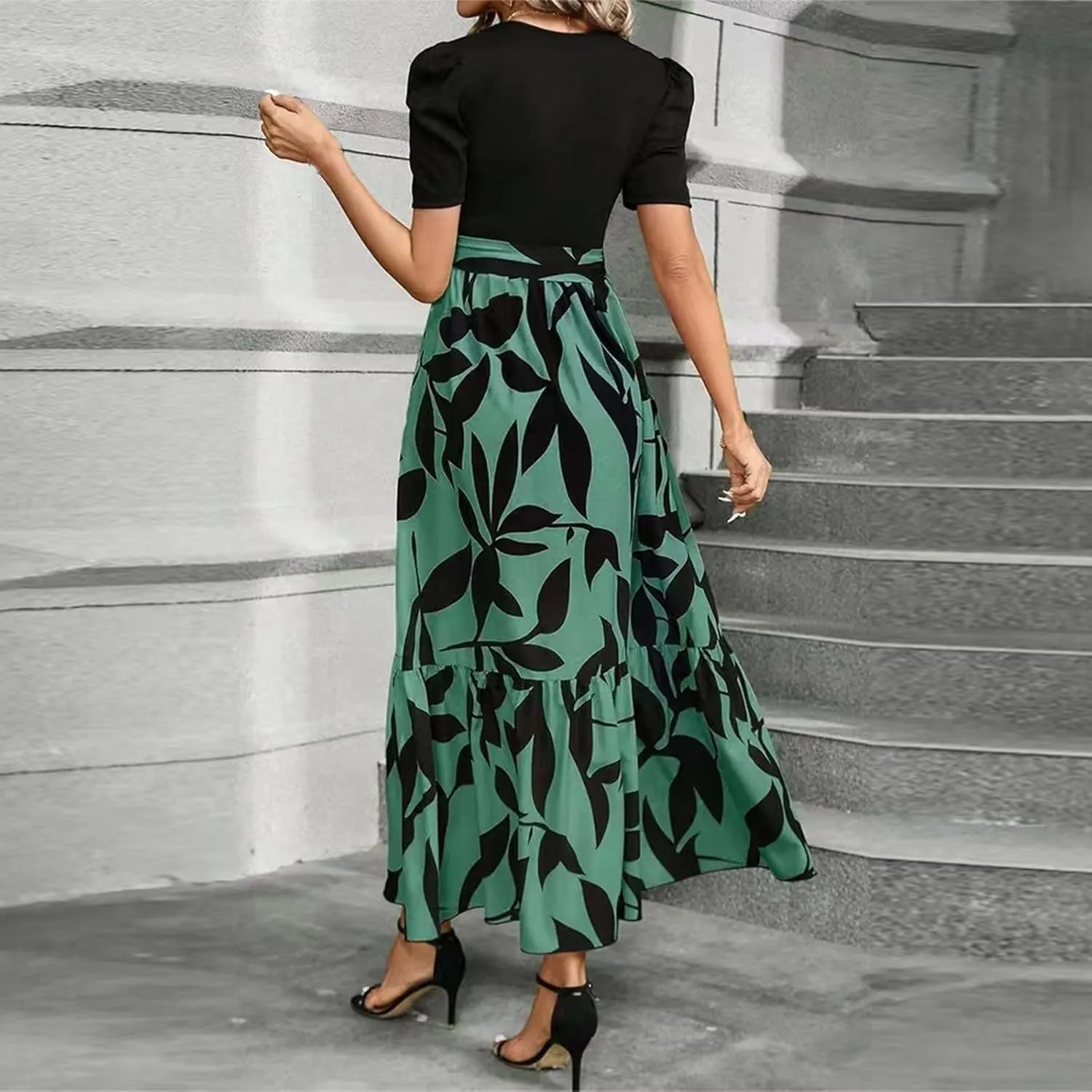 Maxi Dresses for Women 2025 Short Sleeve Tie Waist Boho Dress Floral Printed Tiered Flowy A Line Summer Sundress