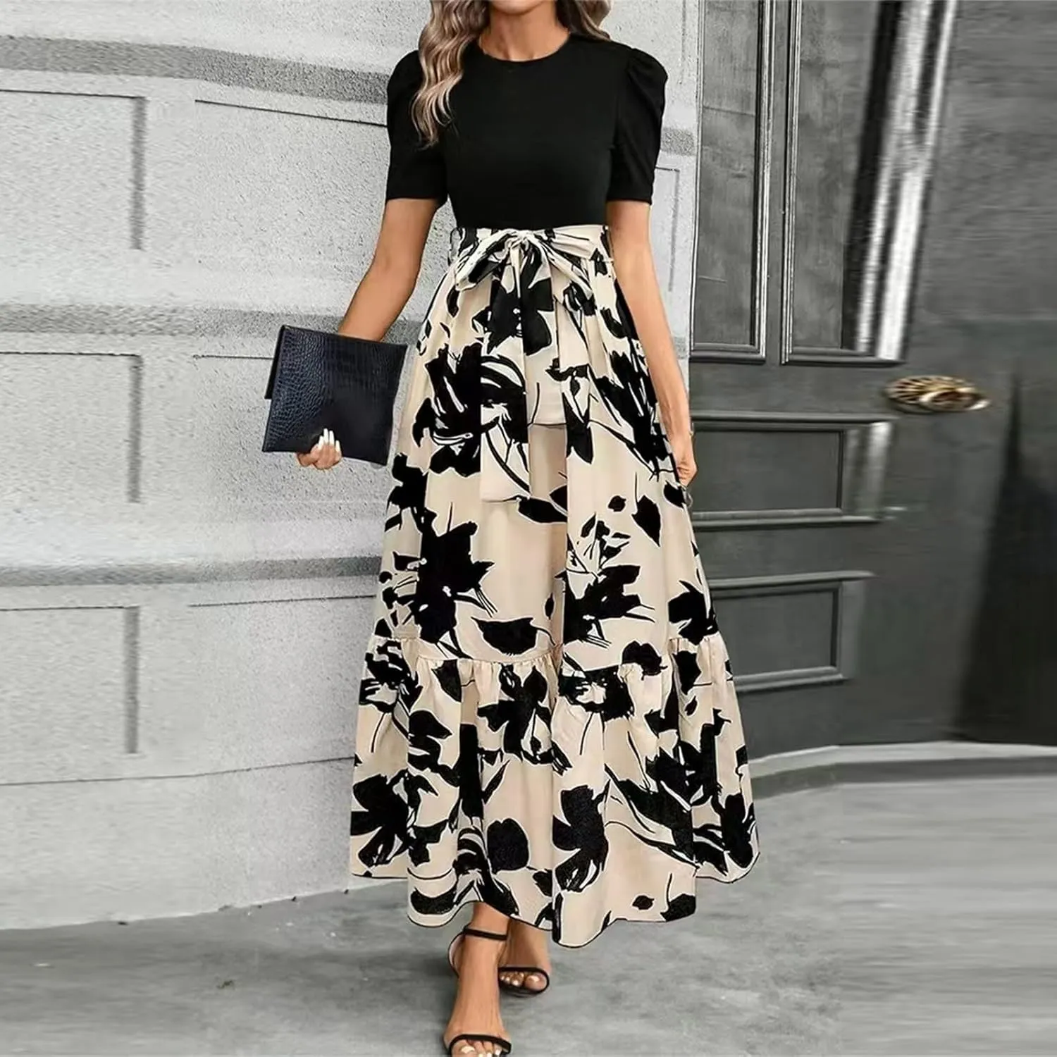 Maxi Dresses for Women 2025 Short Sleeve Tie Waist Boho Dress Floral Printed Tiered Flowy A Line Summer Sundress