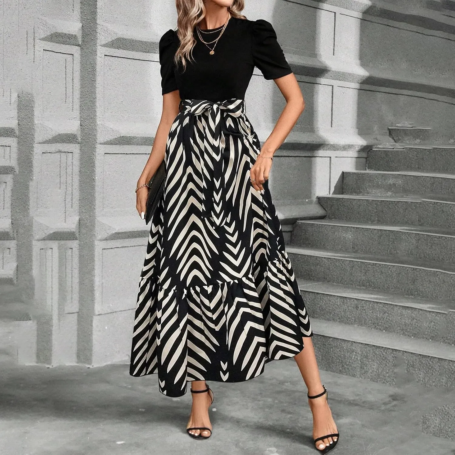 Maxi Dresses for Women 2025 Short Sleeve Tie Waist Boho Dress Floral Printed Tiered Flowy A Line Summer Sundress
