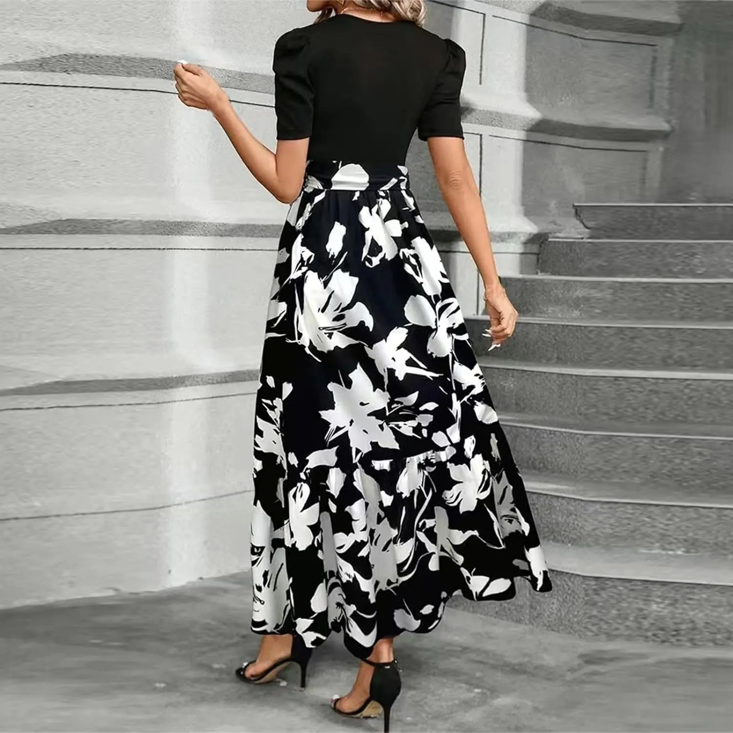 Maxi Dresses for Women 2025 Short Sleeve Tie Waist Boho Dress Floral Printed Tiered Flowy A Line Summer Sundress