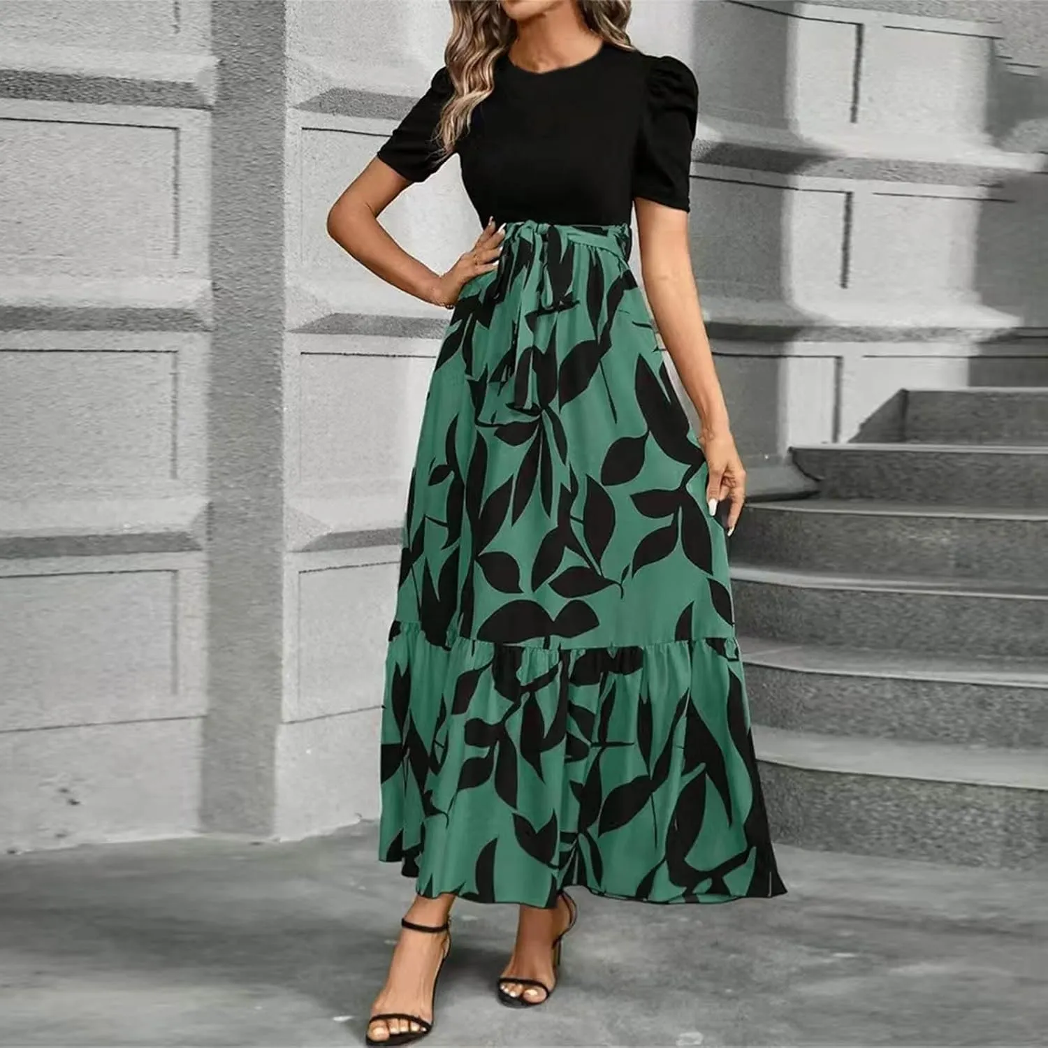 Maxi Dresses for Women 2025 Short Sleeve Tie Waist Boho Dress Floral Printed Tiered Flowy A Line Summer Sundress