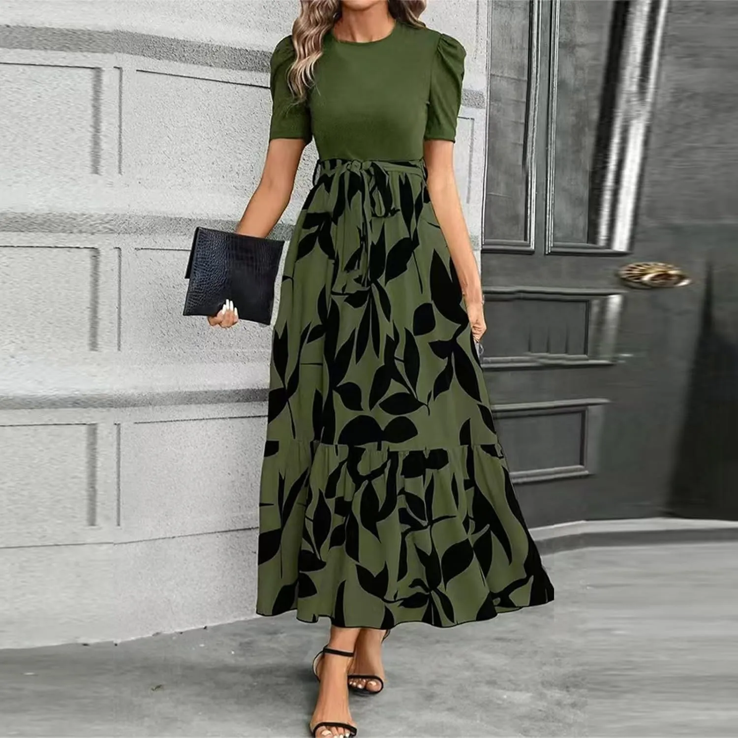 Maxi Dresses for Women 2025 Short Sleeve Tie Waist Boho Dress Floral Printed Tiered Flowy A Line Summer Sundress