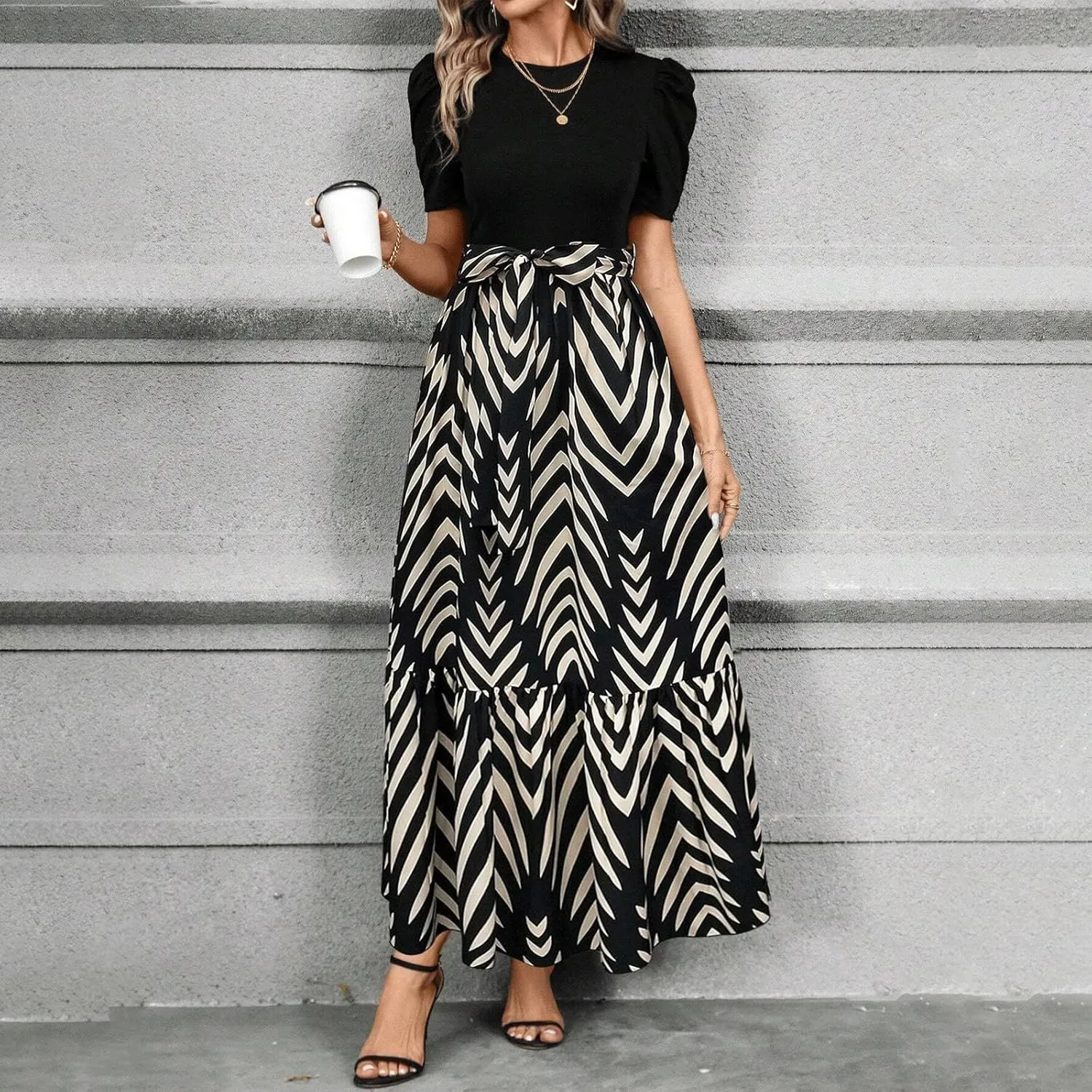 Maxi Dresses for Women 2025 Short Sleeve Tie Waist Boho Dress Floral Printed Tiered Flowy A Line Summer Sundress