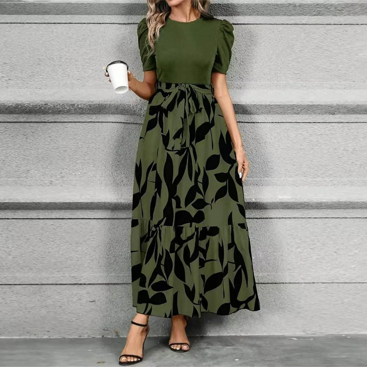 Maxi Dresses for Women 2025 Short Sleeve Tie Waist Boho Dress Floral Printed Tiered Flowy A Line Summer Sundress