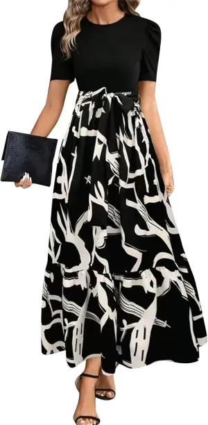 Maxi Dresses for Women 2025 Short Sleeve Tie Waist Boho Dress Floral Printed Tiered Flowy A Line Summer Sundress