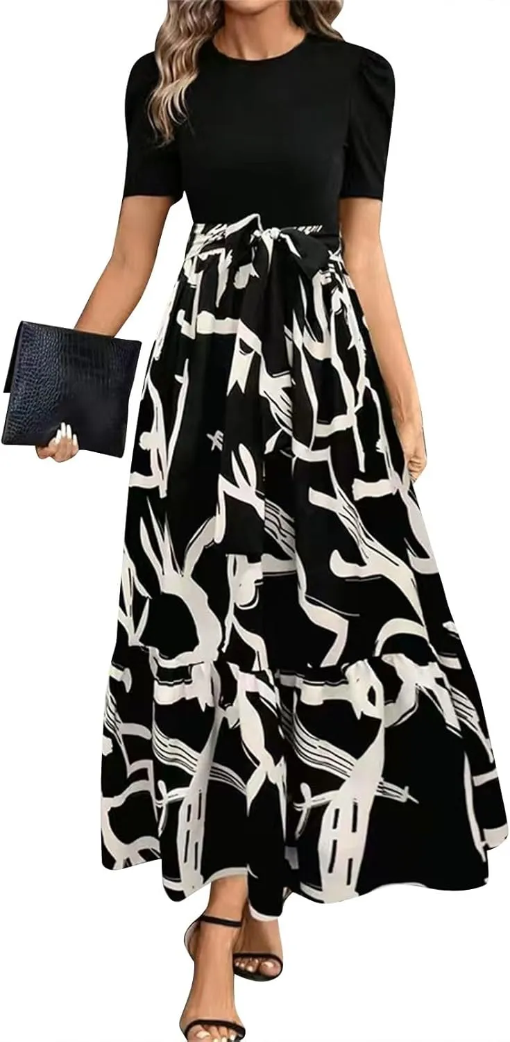 Maxi Dresses for Women 2025 Short Sleeve Tie Waist Boho Dress Floral Printed Tiered Flowy A Line Summer Sundress