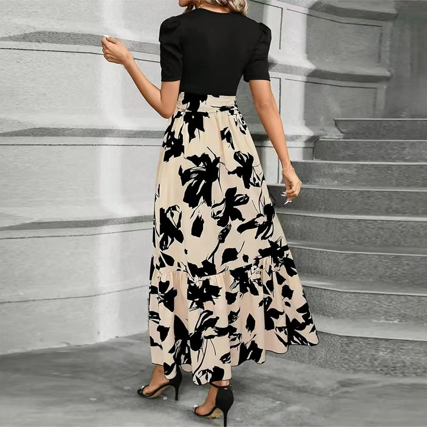 Maxi Dresses for Women 2025 Short Sleeve Tie Waist Boho Dress Floral Printed Tiered Flowy A Line Summer Sundress