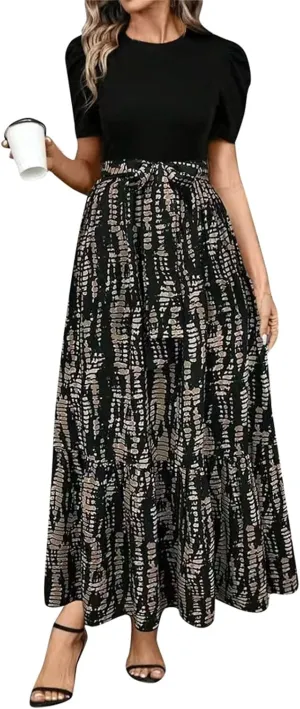 Maxi Dresses for Women 2025 Short Sleeve Tie Waist Boho Dress Floral Printed Tiered Flowy A Line Summer Sundress