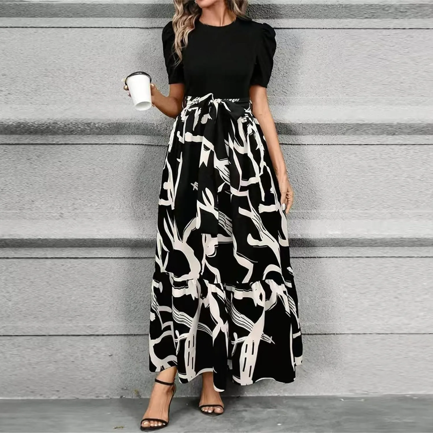 Maxi Dresses for Women 2025 Short Sleeve Tie Waist Boho Dress Floral Printed Tiered Flowy A Line Summer Sundress