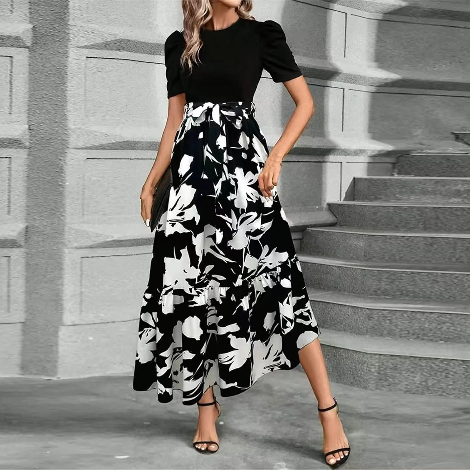 Maxi Dresses for Women 2025 Short Sleeve Tie Waist Boho Dress Floral Printed Tiered Flowy A Line Summer Sundress