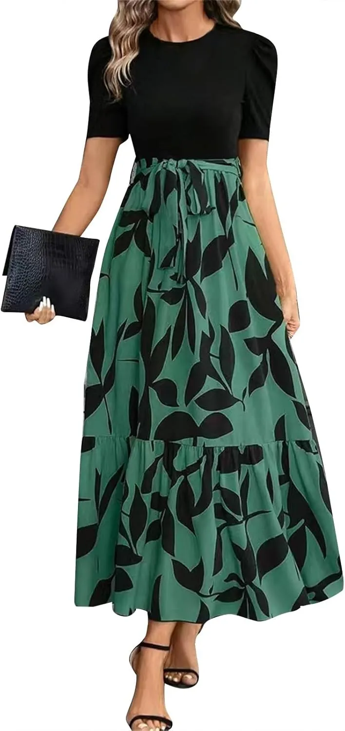 Maxi Dresses for Women 2025 Short Sleeve Tie Waist Boho Dress Floral Printed Tiered Flowy A Line Summer Sundress