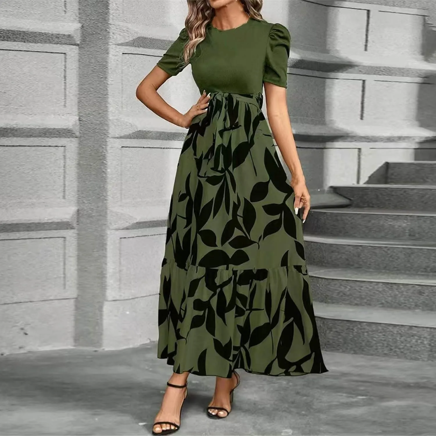Maxi Dresses for Women 2025 Short Sleeve Tie Waist Boho Dress Floral Printed Tiered Flowy A Line Summer Sundress