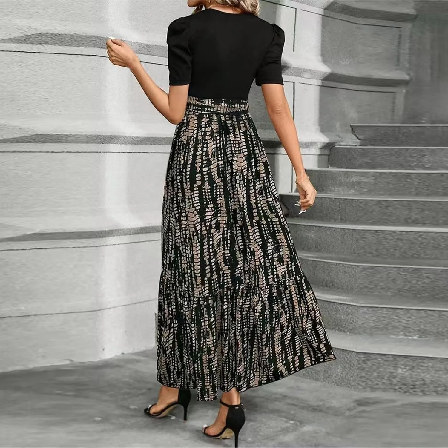Maxi Dresses for Women 2025 Short Sleeve Tie Waist Boho Dress Floral Printed Tiered Flowy A Line Summer Sundress