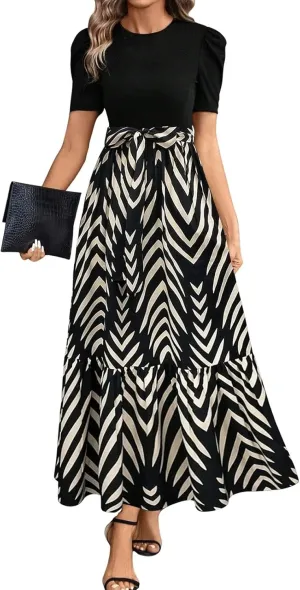 Maxi Dresses for Women 2025 Short Sleeve Tie Waist Boho Dress Floral Printed Tiered Flowy A Line Summer Sundress