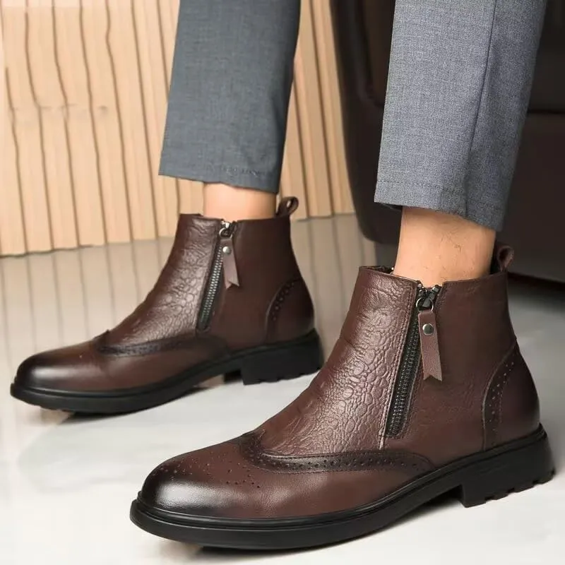 Mens Ankle Boots Non Slip Waterproof Leather Brogue Embossed Wingtips Double Side Zip Classic Fashion Dress