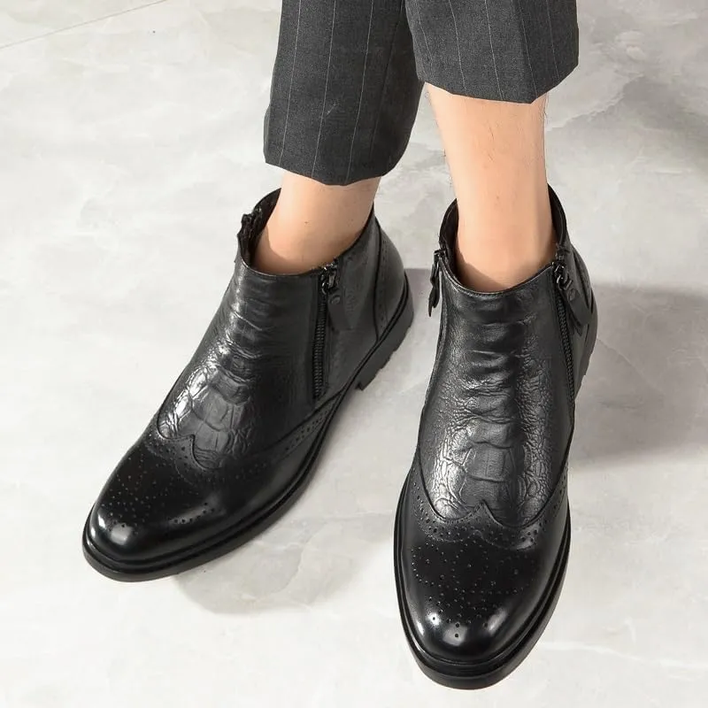 Mens Ankle Boots Non Slip Waterproof Leather Brogue Embossed Wingtips Double Side Zip Classic Fashion Dress