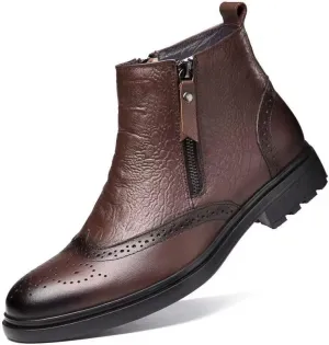 Mens Ankle Boots Non Slip Waterproof Leather Brogue Embossed Wingtips Double Side Zip Classic Fashion Dress