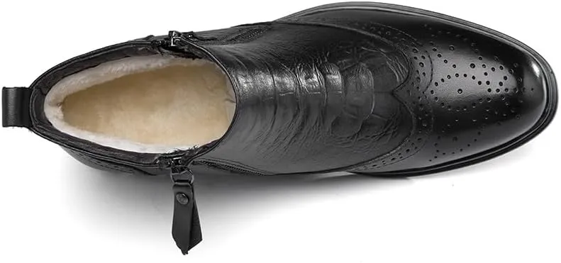 Mens Ankle Boots Non Slip Waterproof Leather Brogue Embossed Wingtips Double Side Zip Classic Fashion Dress