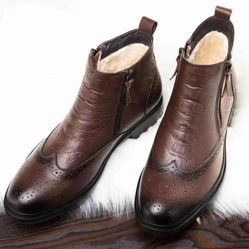 Mens Ankle Boots Non Slip Waterproof Leather Brogue Embossed Wingtips Double Side Zip Classic Fashion Dress