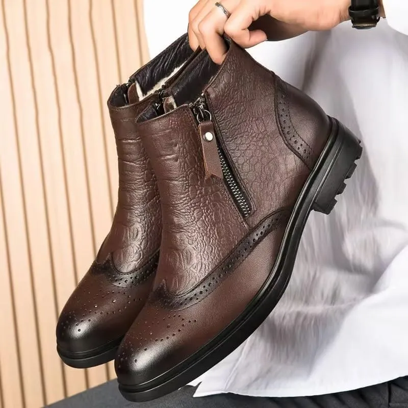 Mens Ankle Boots Non Slip Waterproof Leather Brogue Embossed Wingtips Double Side Zip Classic Fashion Dress