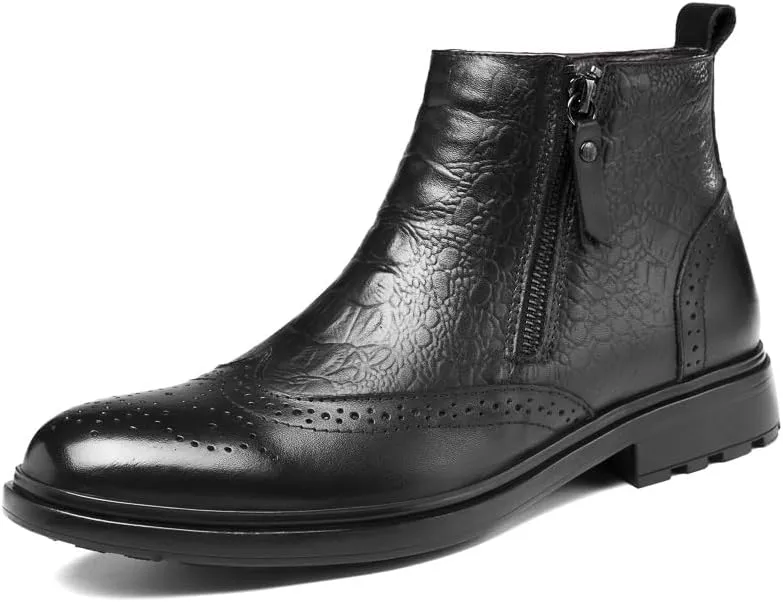 Mens Ankle Boots Non Slip Waterproof Leather Brogue Embossed Wingtips Double Side Zip Classic Fashion Dress