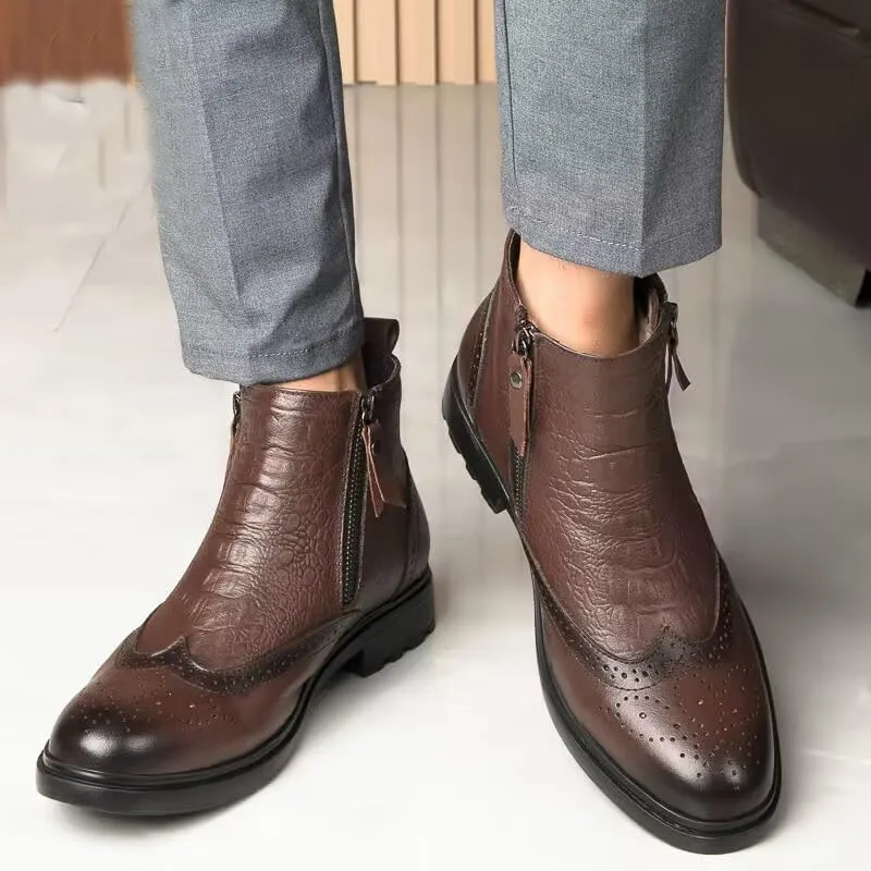 Mens Ankle Boots Non Slip Waterproof Leather Brogue Embossed Wingtips Double Side Zip Classic Fashion Dress