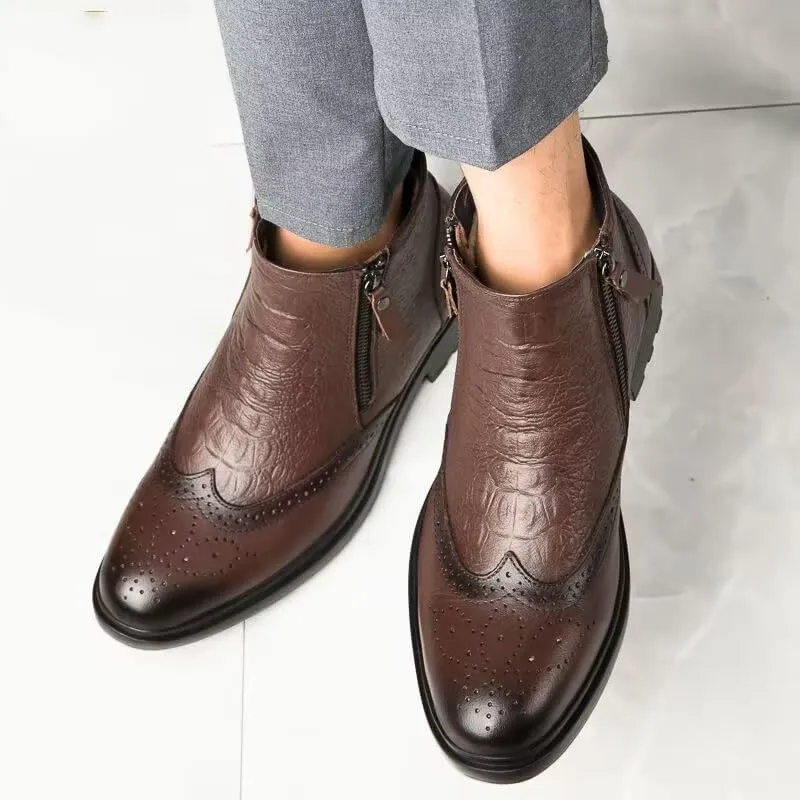 Mens Ankle Boots Non Slip Waterproof Leather Brogue Embossed Wingtips Double Side Zip Classic Fashion Dress
