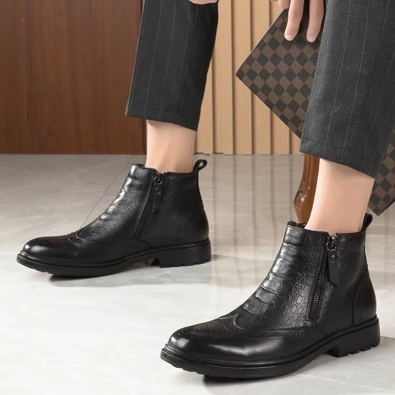 Mens Ankle Boots Non Slip Waterproof Leather Brogue Embossed Wingtips Double Side Zip Classic Fashion Dress