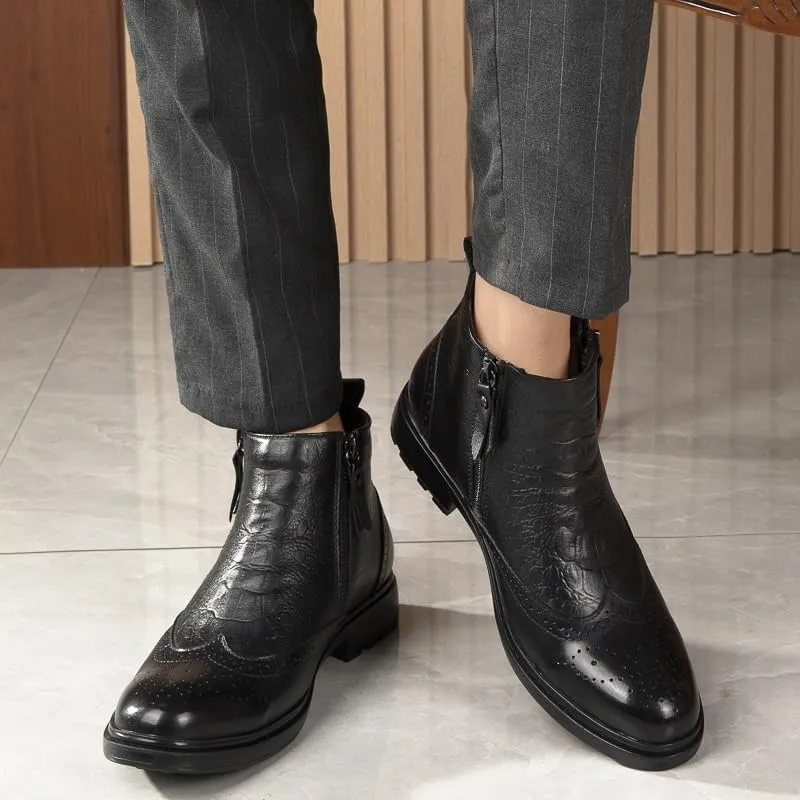 Mens Ankle Boots Non Slip Waterproof Leather Brogue Embossed Wingtips Double Side Zip Classic Fashion Dress