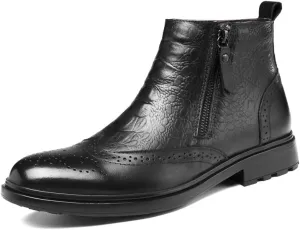 Mens Ankle Boots Non Slip Waterproof Leather Brogue Embossed Wingtips Double Side Zip Classic Fashion Dress