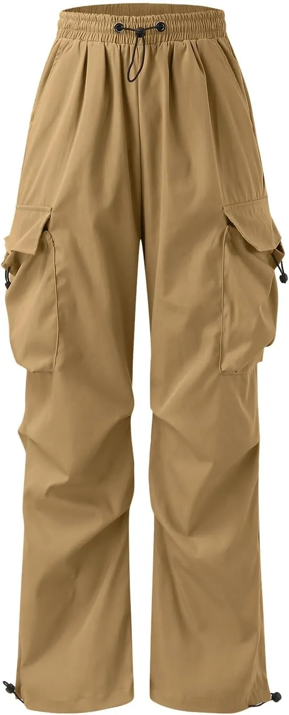 Men's Baggy Cargo Pants Casual Drawstring Waist Loose Fit Outdoor Parachute Pants Multi Pockets