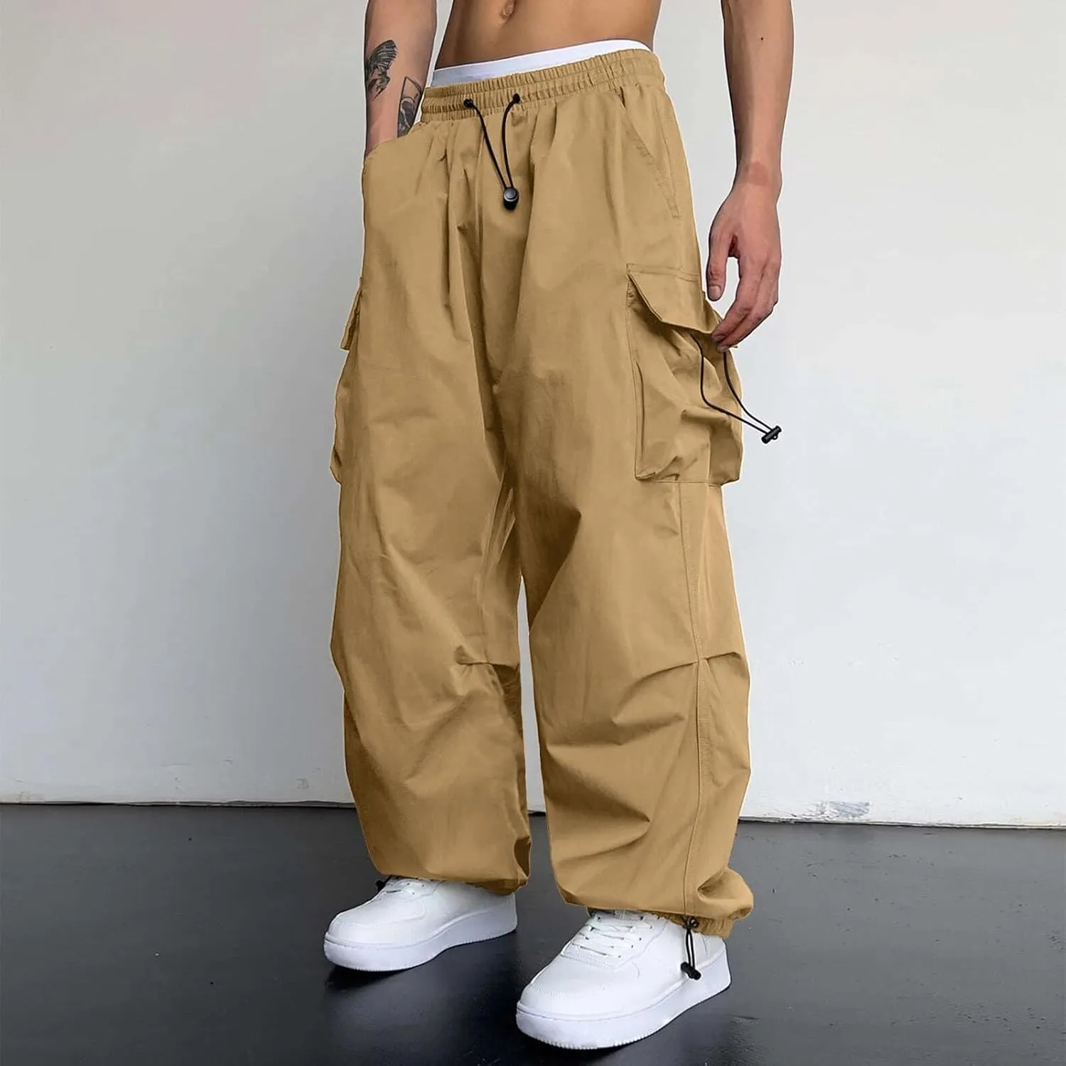 Men's Baggy Cargo Pants Casual Drawstring Waist Loose Fit Outdoor Parachute Pants Multi Pockets