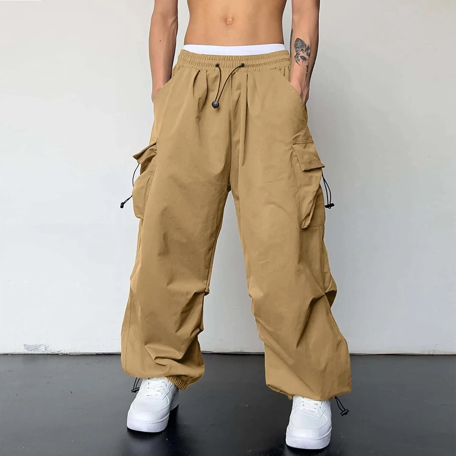 Men's Baggy Cargo Pants Casual Drawstring Waist Loose Fit Outdoor Parachute Pants Multi Pockets