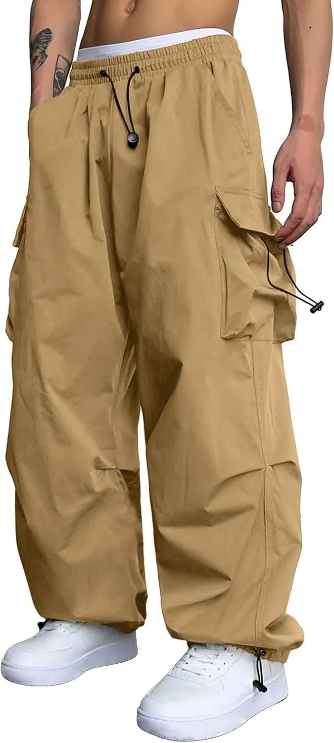 Men's Baggy Cargo Pants Casual Drawstring Waist Loose Fit Outdoor Parachute Pants Multi Pockets