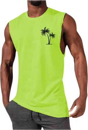 Men's Beach Tank Tops Funny Palm Tree Print Graphic Tee Shirts Casual Sleeveless Muscle T-Shirt Trendy Clothes