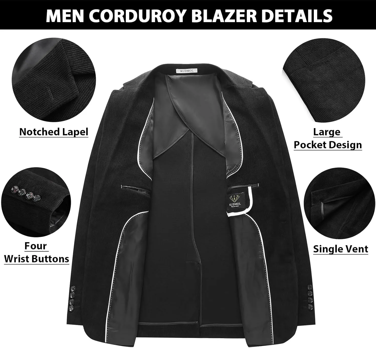 Men's Casual Corduroy Blazer Slim Fit One Button Jacket Fashion Sport Coat