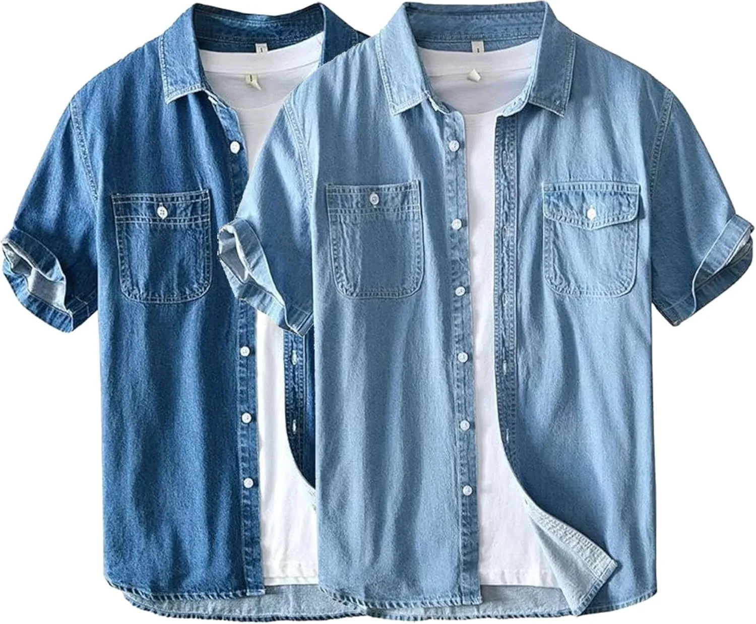 Men's Denim Shirts Lightweight Short Sleeve Button Down Shirts Casual Stylish Cotton Shirt with Pockets