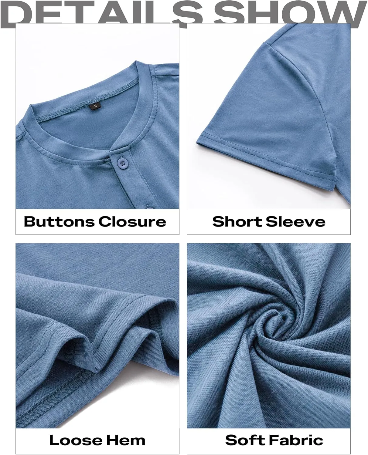 Men's Henley Short Sleeve Shirts Casual T-Shirts Button Top Summer Soild Basic Tee