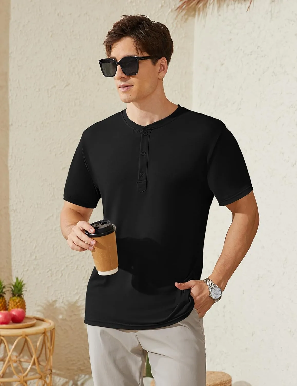 Men's Henley Short Sleeve Shirts Casual T-Shirts Button Top Summer Soild Basic Tee