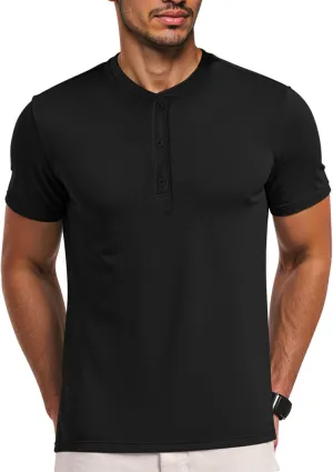 Men's Henley Short Sleeve Shirts Casual T-Shirts Button Top Summer Soild Basic Tee