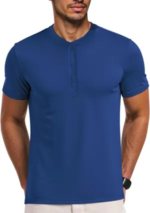 Men's Henley Short Sleeve Shirts Casual T-Shirts Button Top Summer Soild Basic Tee