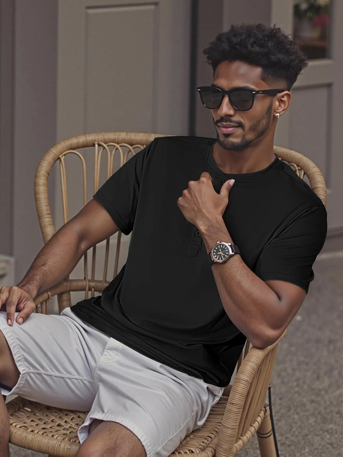 Men's Henley Short Sleeve Shirts Casual T-Shirts Button Top Summer Soild Basic Tee
