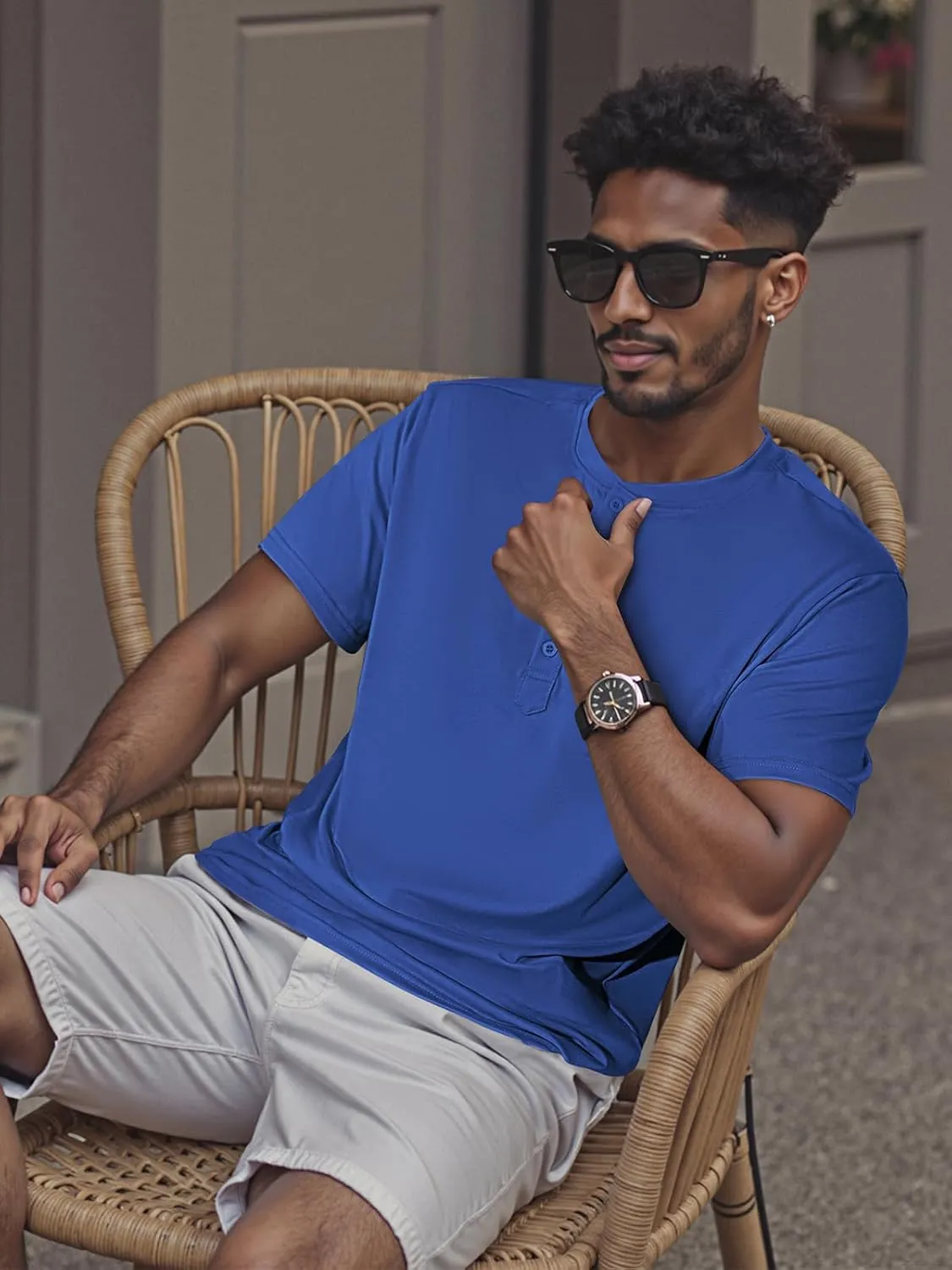 Men's Henley Short Sleeve Shirts Casual T-Shirts Button Top Summer Soild Basic Tee