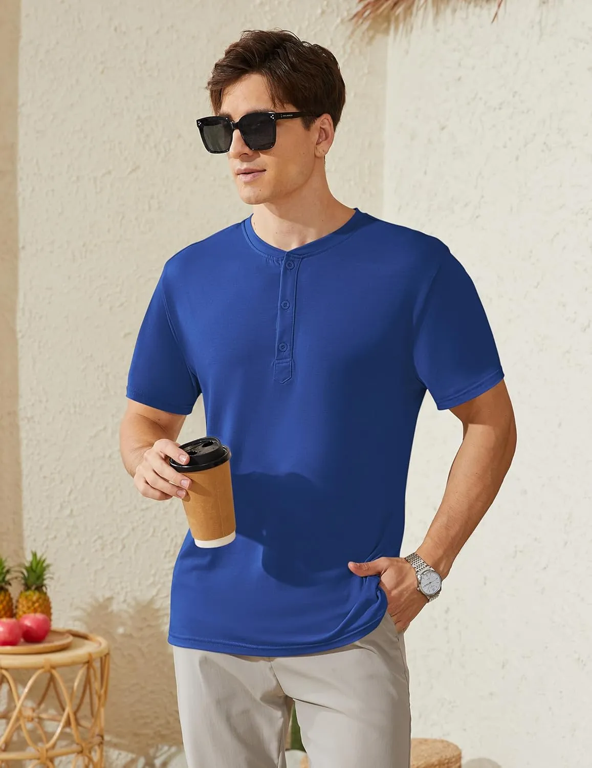 Men's Henley Short Sleeve Shirts Casual T-Shirts Button Top Summer Soild Basic Tee